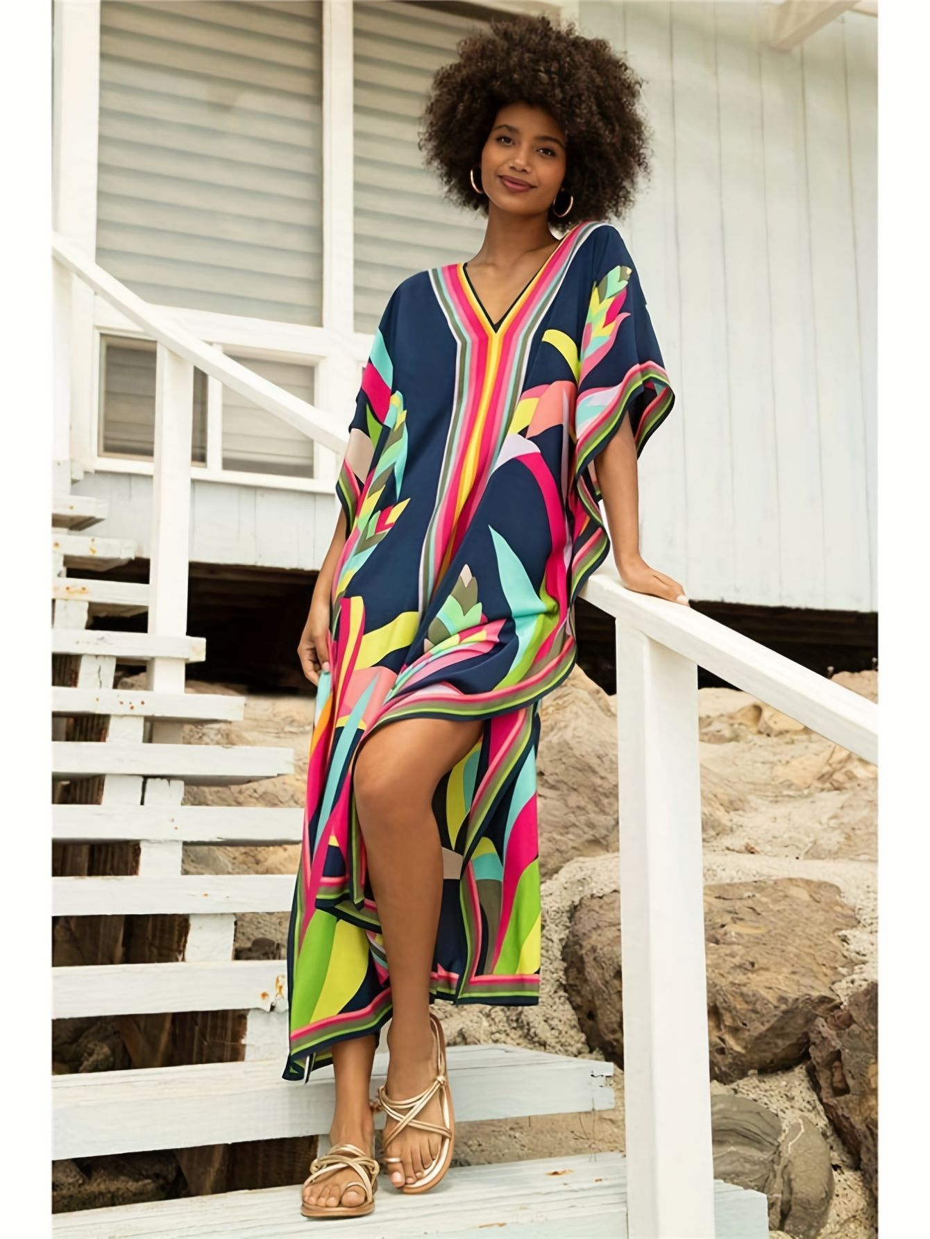 Robes Kaftan pour Femmes Grandes Tailles, Cache-maillot de bain, Robe à col en V et manches chauve-souris, Coupe ample, Caftan Marocain, Robes Mumu