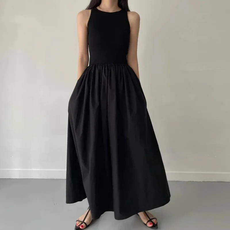 Robe Longue Noire Élégante et Simple pour Femme, Tenue à Col Rond, Taille Haute, Nouvelle Collection Été