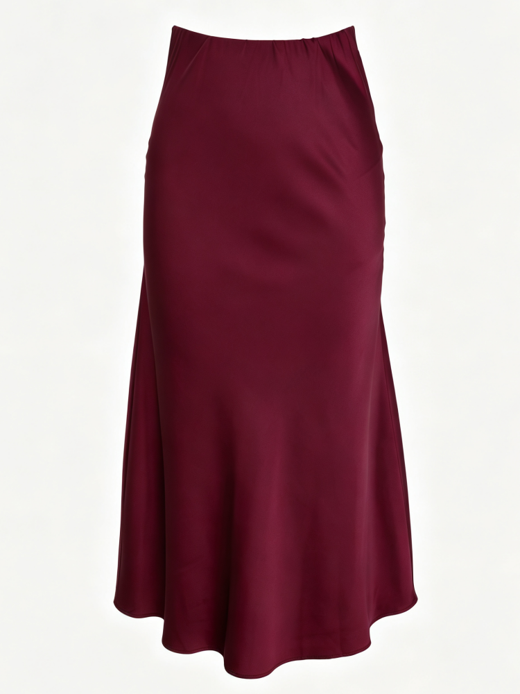Jupe midi en satin pour femmes, taille haute, coupe ajustée, couleur bordeaux, jupe en satin soyeux, élégante, décontractée, pour le bureau et les soirées.