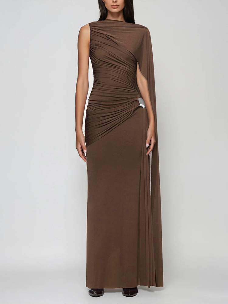 Kliou froncé robe élégante robe femme col rond sans manches ruban décoration garniture en métal taille haute minuit bal fête longue moulante