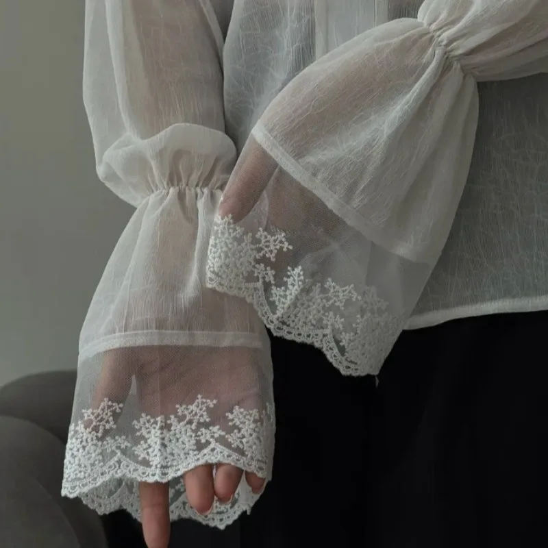 Chemise femme 2025 automne nouveau Style palais français col féerique en mousseline de soie à volants dame à manches longues haut blanc