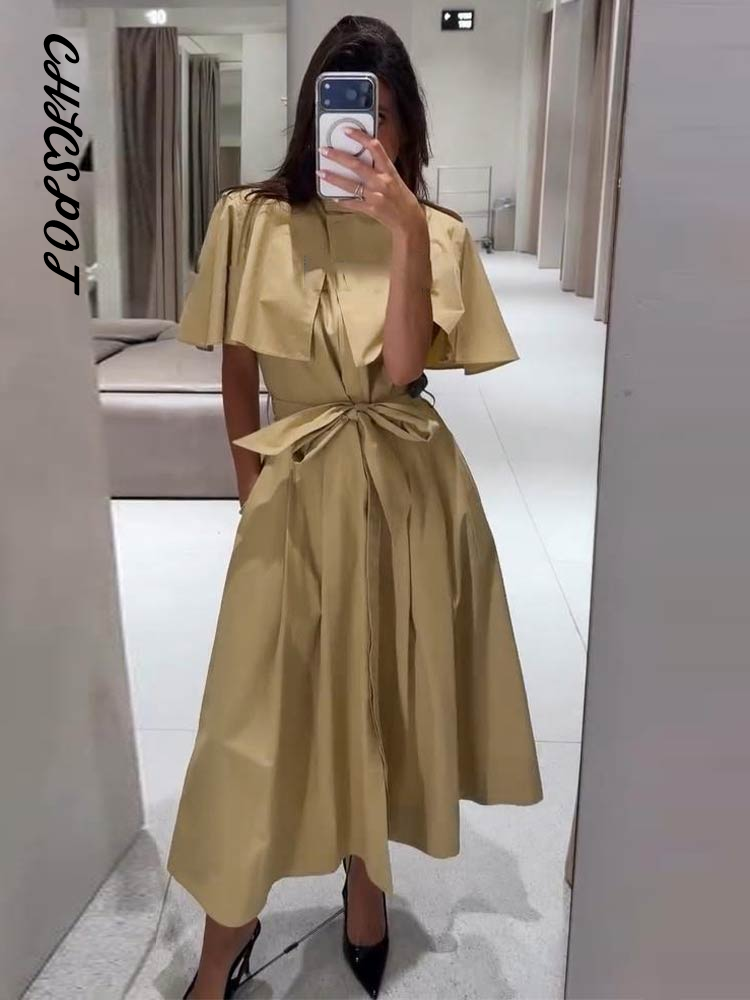 Robe chemise plissée à manches longues, à col cape, à lacets, à épaulettes, à taille cintrée, élégante et chic pour femmes, idéale pour les soirées.