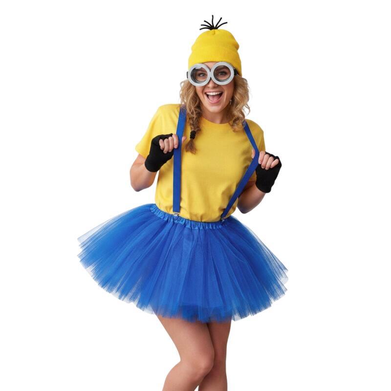 Ensemble de costumes de cosplay pour femmes, mignon, jaune et bleu, 5 pièces avec chapeau en tricot, jupe tutu, bretelles, gants pour Halloween, fête de carnaval