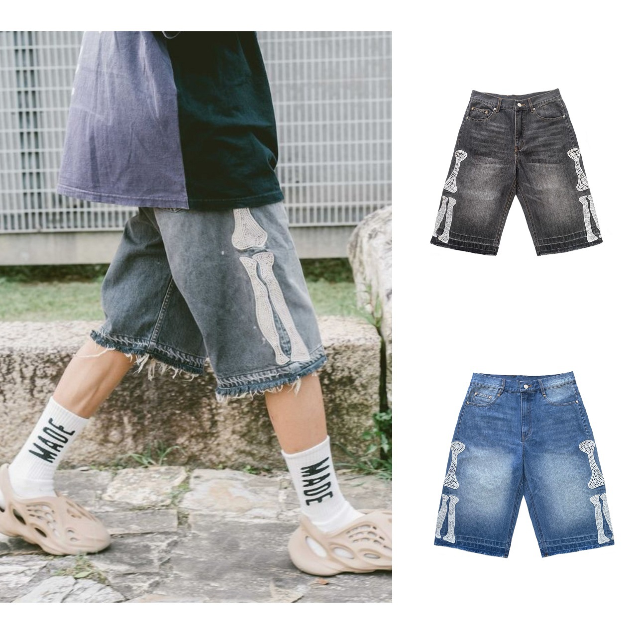 Kapital Vintage Kazuhiro Hirata Short en jean ample et droit pour homme, style vintage japonais, en denim vieilli