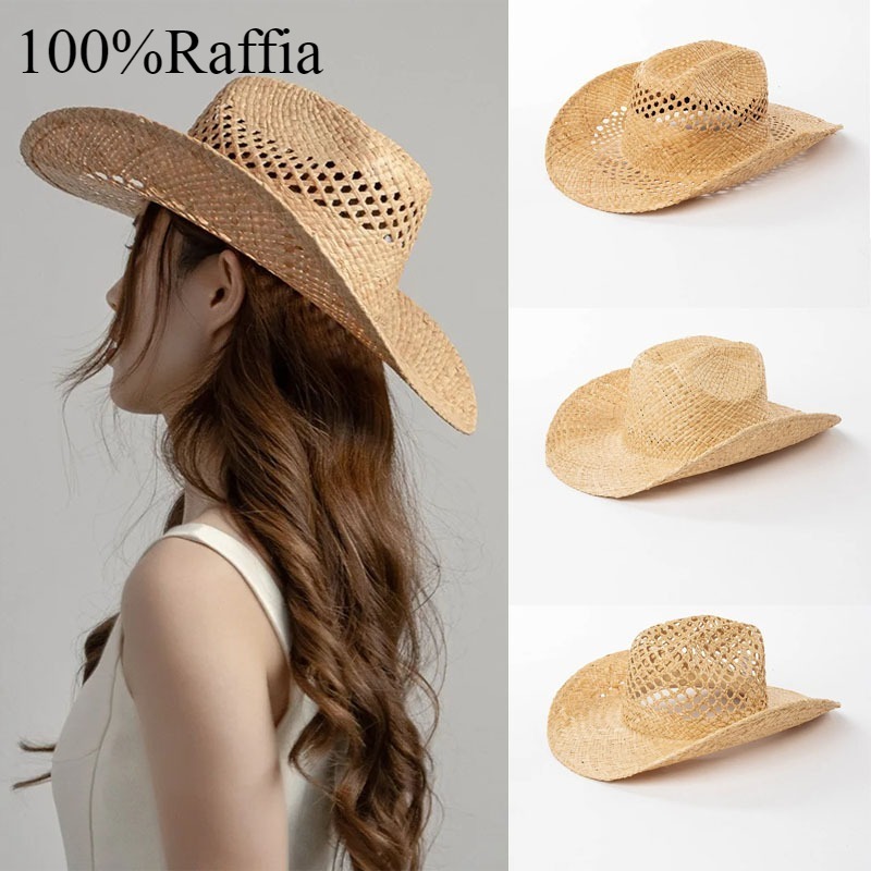 Chapeau en raphia tissé à la main pour femmes, chapeau d'été Simple de Cowboy occidental, chapeau de paille pour dames Ins California Girl, vacances en bord de mer, chapeau de soleil à bord bouclé