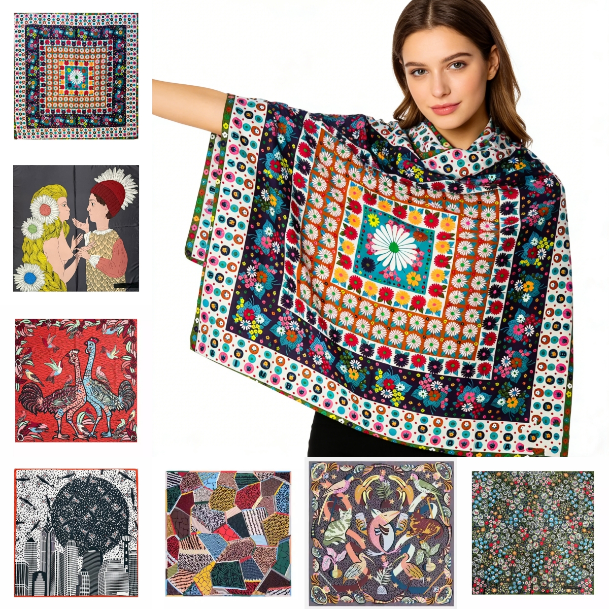 Écharpes en soie pour femmes, foulards de luxe haut de gamme 	 Écharpe carrée au design graffiti, 120cm X 120cm, foulard fin