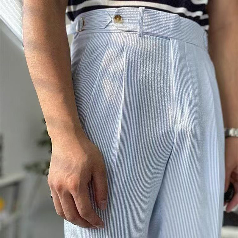 Mode hommes Style italien Naples costume pantalon rayures bleues Seersucker taille haute Paris boucle pantalon angleterre affaires décontracté Pa