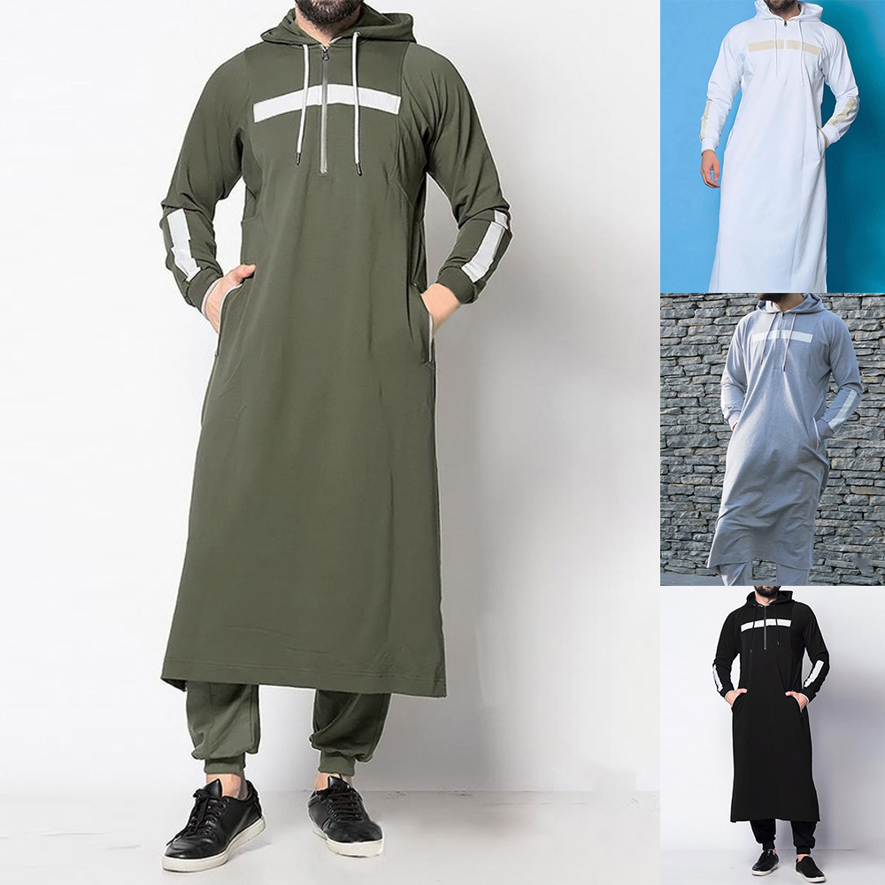 Hauts musulmans pour hommes, vêtements arabes islamiques du moyen-orient, amples, rayés, manches longues, poches avec cordon de serrage, Robe à capuche pleine longueur