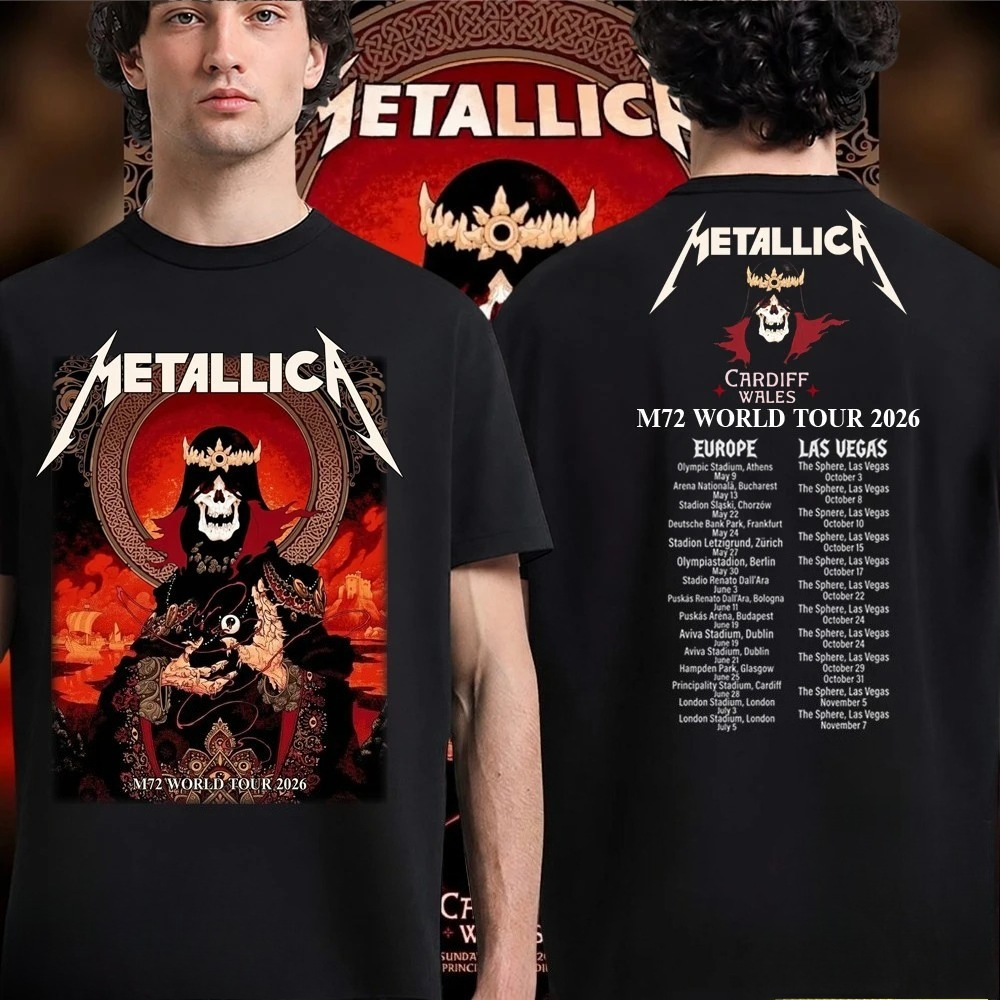 T-shirt Metallica M72 World Tour 2026 Cardiff pour hommes et femmes, vêtements d'été en coton, haut à manches courtes, Streetwear