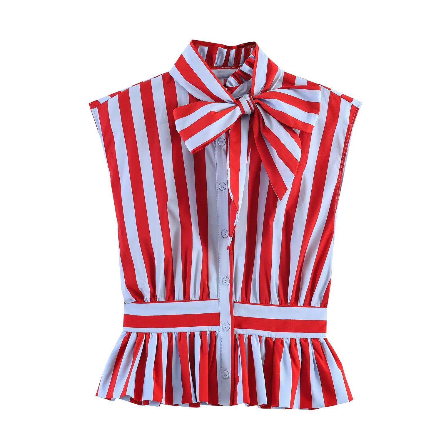 BSAY Nouvelle Blouse Élégante Vintage pour Femme, Col Nœud Papillon, Sans Manches, Imprimé Pois et Rayures, Boutonnée, Taille Peplum Volantée, Crop Top