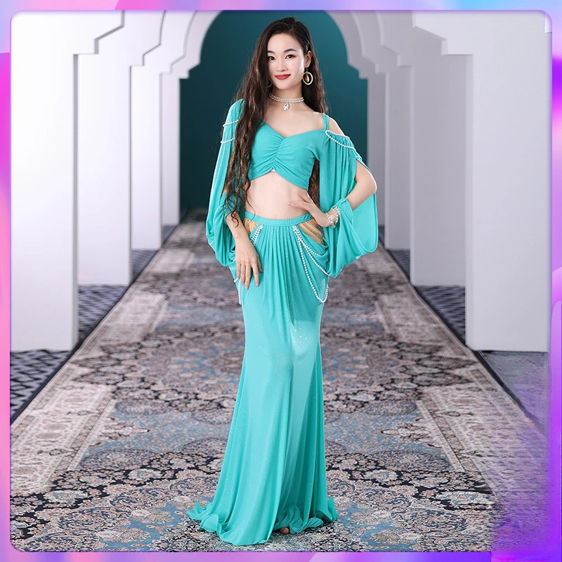 Costume de danse du ventre sexy pour femme, manches longues, haut et jupe, entraînement, trempée, performance, ensemble financièrement, surintendant de danse, tenue PE, 2 pièces