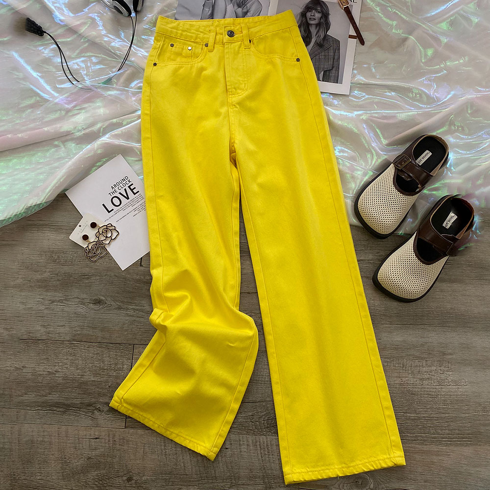 Jean jaune citron pour femme, pantalon droit, ample, taille haute, complet, tendance, jambes larges, nouvelle collection automne 2025