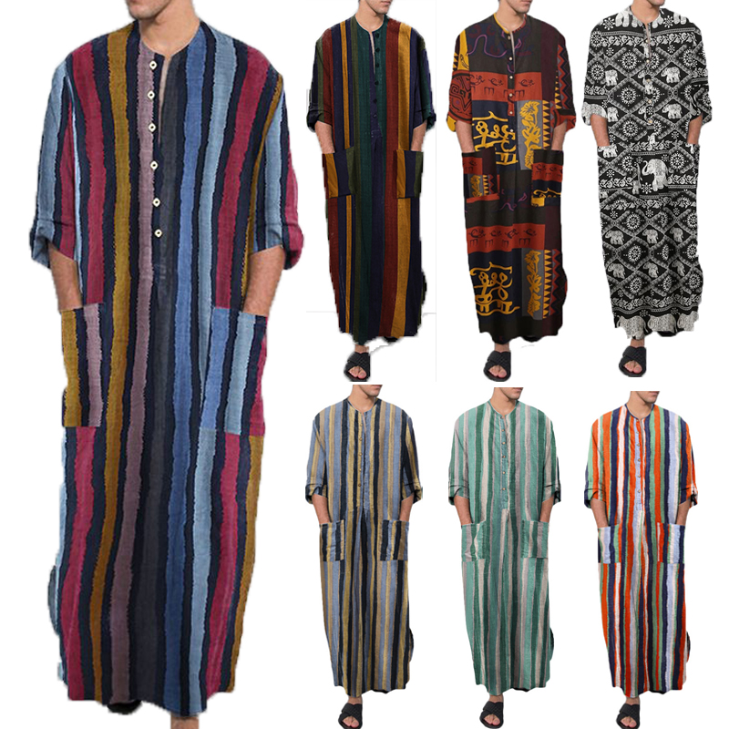 Hommes musulmans à manches longues coton rayé Robes islamique arabe caftan costume moyen-orient dubaï Abaya rétro printemps vêtements 2025 nouveau