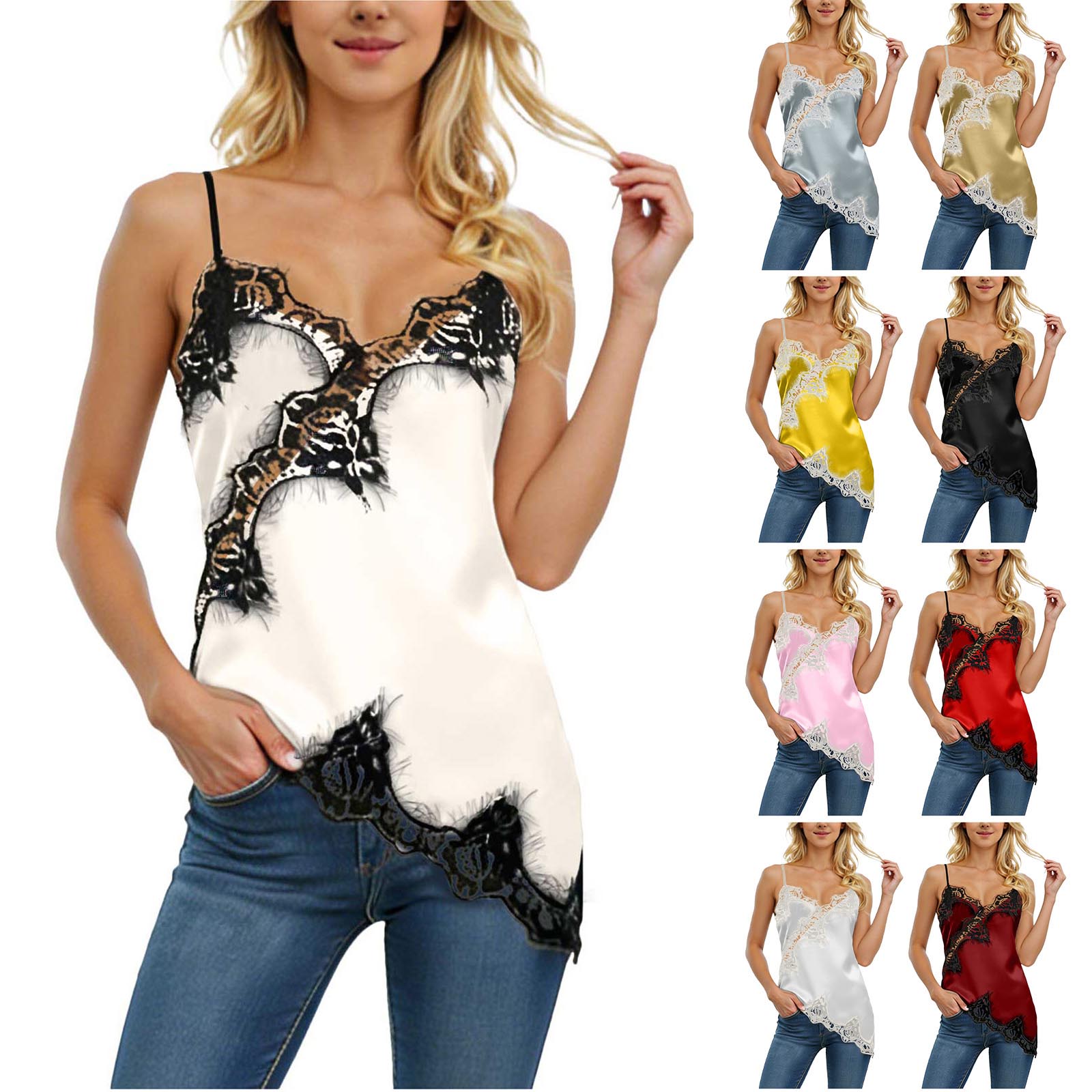 Haut pour femme avec détails en dentelle et ourlet asymétrique, haut soyeux à bretelles, camisole élégante de lingerie, tous types de hauts en dentelle pour femme