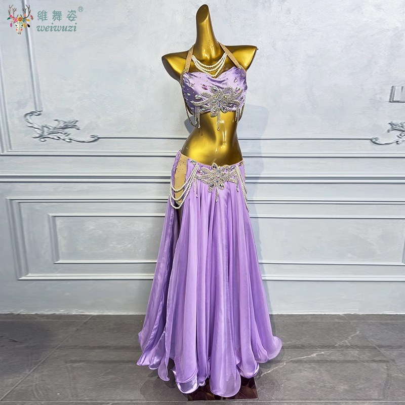 Ensemble de costumes de danse du ventre, personnalisation de luxe, soutien-gorge en diamant + jupe longue fendue Sexy, vêtements de Performance professionnelle orientale, 2 pièces