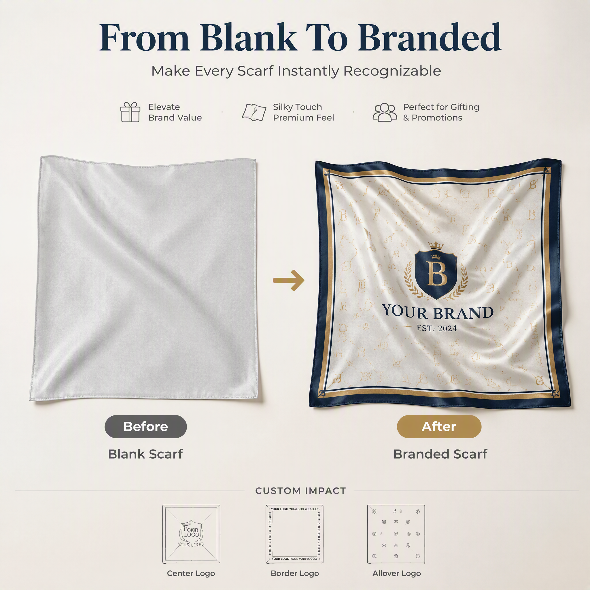 Écharpe personnalisée avec logo pour marques et influenceurs, écharpe en soie personnalisée, vente en gros de petites quantités, marchandises de mode