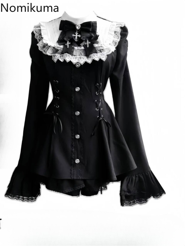 Vêtements pour femmes robe costume deux pièces ensembles Roupas Femme Style Lolita taille mince nœud dentelle robes douces tenues japonais mignon ensemble