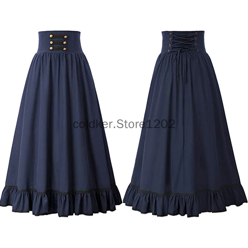 Jupe longue victorienne taille haute pour femme, ourlet à volants gothique, jupe maxi trapèze, jupes de fête plissées, été médiéval, InX4, Steampunk