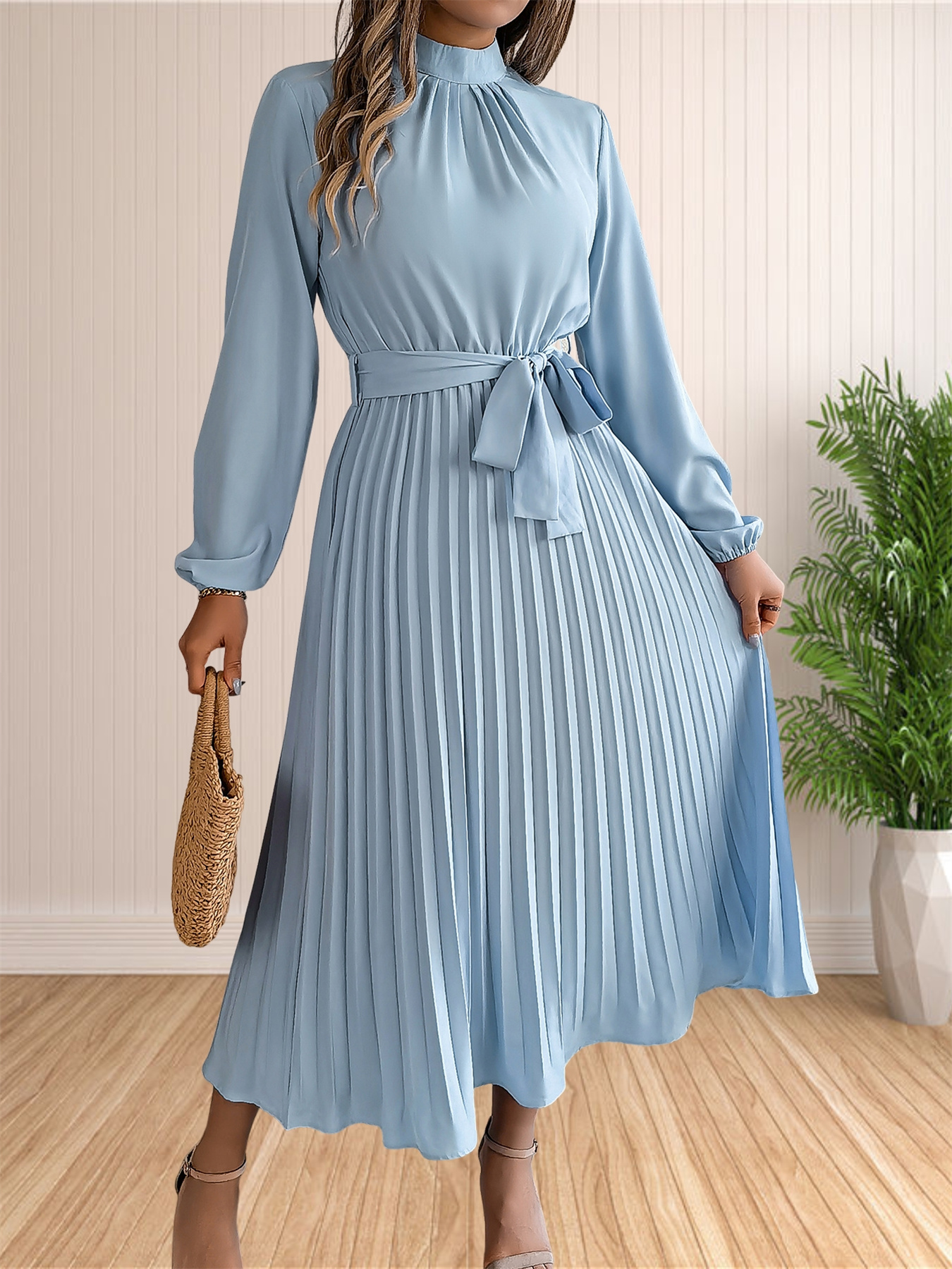 Robes longues d'été pour femmes, élégantes, plissées, manches longues, à lacets, style Boho, portefeuille, ourlet à volants, robe d'été