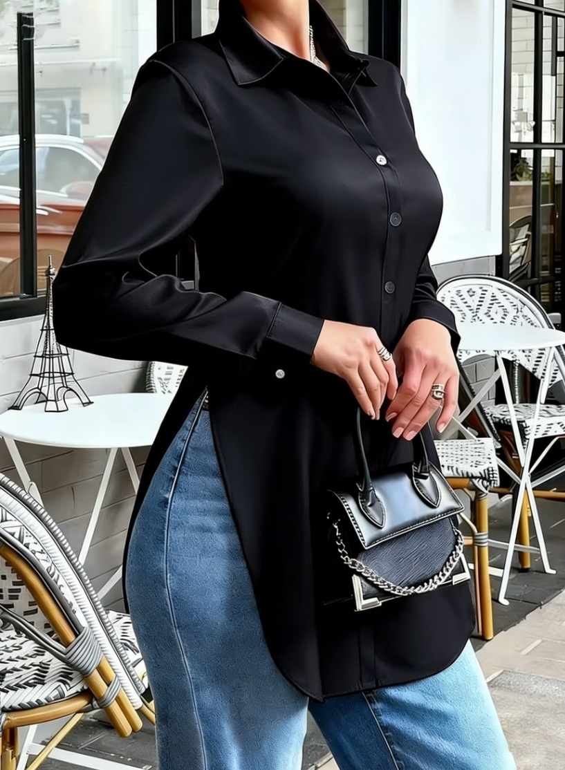 Chemise en satin pour femme – Chemisier boutonné à manches longues avec haut brillant élégant, décontracté et chic de bureau
