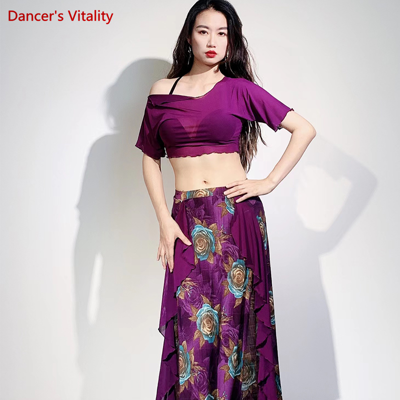 Vêtements d'entraînement de danse du ventre pour femmes, costume de danse du ventre en maille, haut à manches courtes + jupe longue imprimée, tenue de danse orientale féminine