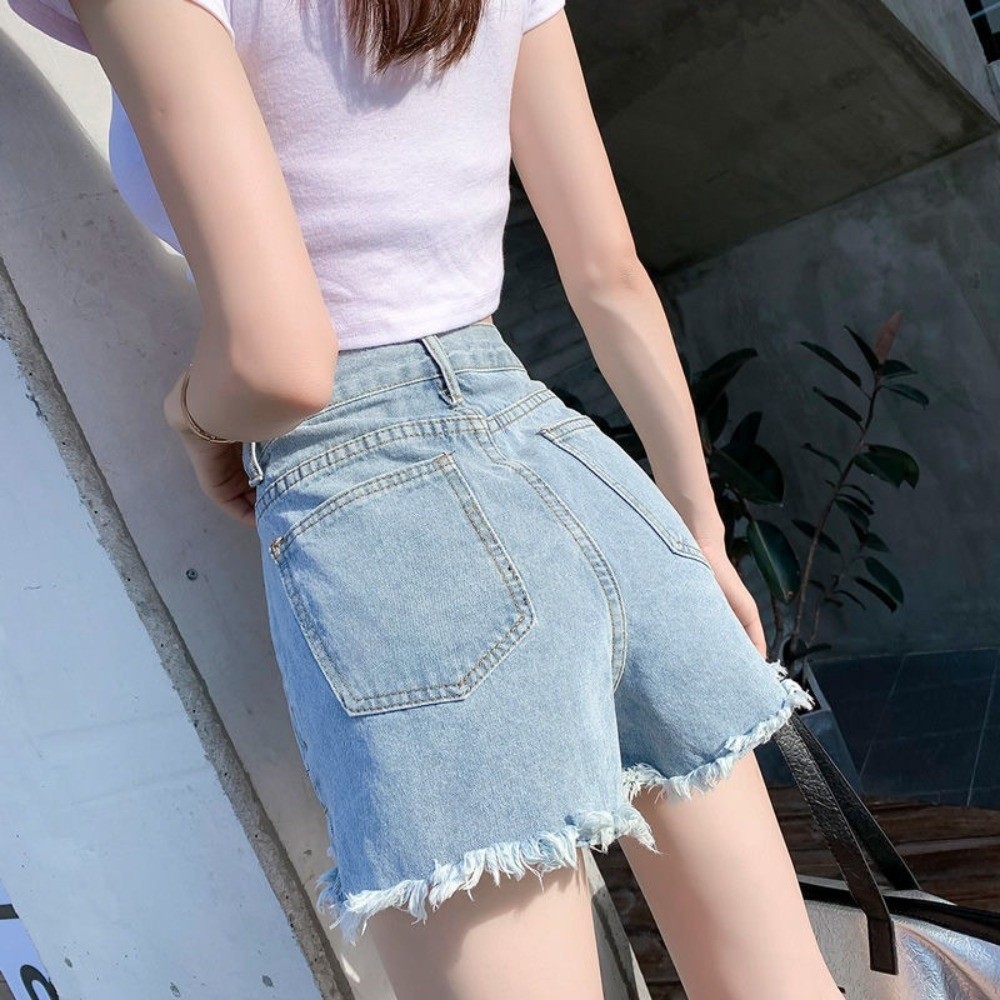 Shorts en jean décontractés et extensibles pour femme, déchirés, taille haute, en denim, avec ourlet effiloché, polyvalents, pour l'été
