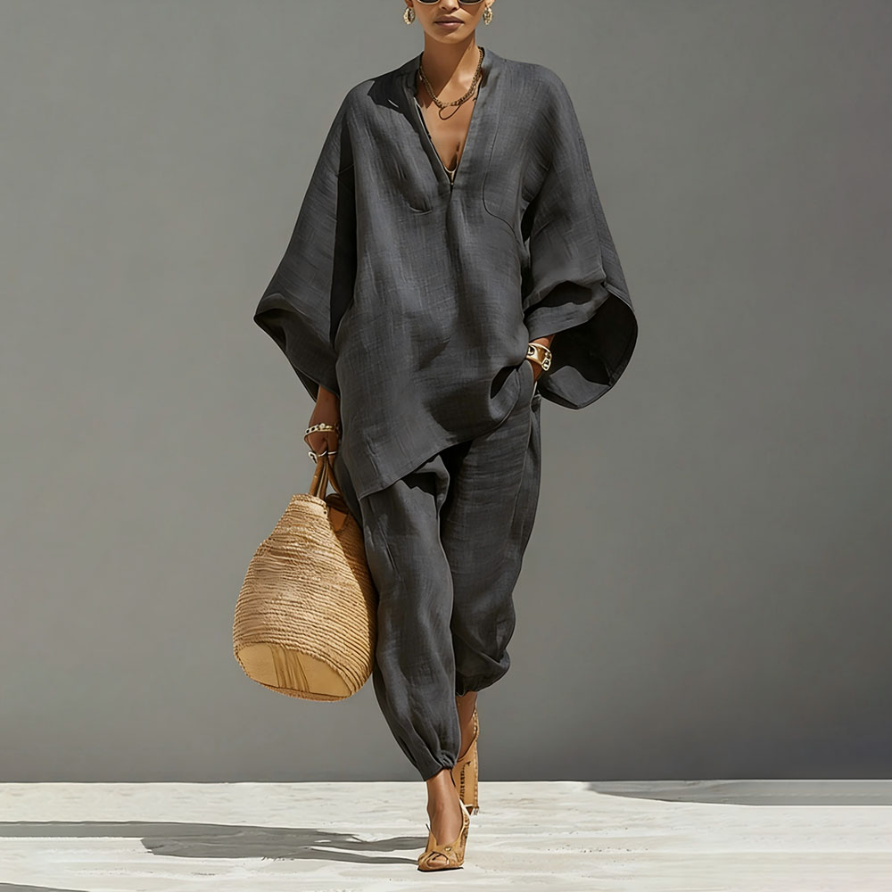 Ensemble décontracté deux pièces col en V pour femme – Tenue d'été 2026 tendance : hauts amples à manches longues et pantalons à jambes larges – Élégant