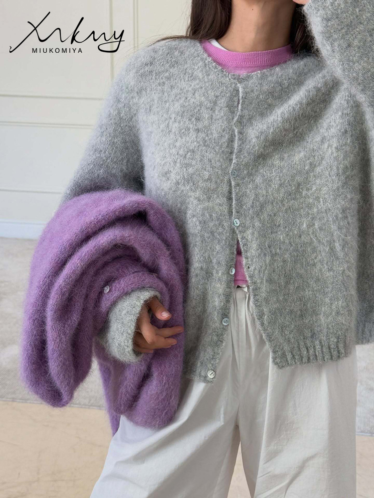 Cardigan court pour femmes, à boutons, rouge, ample, en maille, vêtement d’extérieur pour femmes, idéal pour l’automne, col rond, vestes en maille, cardigans en laine pour femmes, couleur violette.