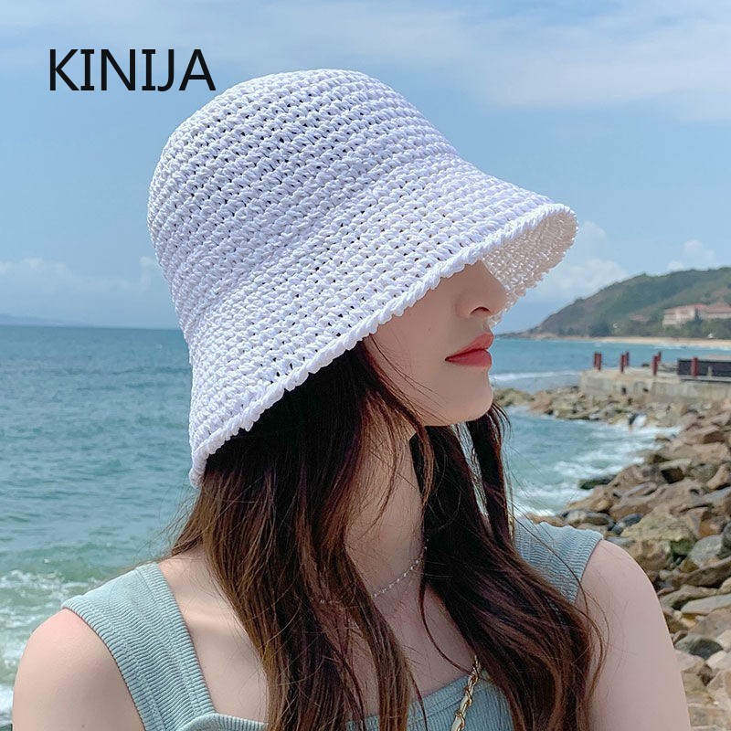 Plage coréenne Chapeau de paille été femmes visière seau Chapeau pêcheur Chapeau tissage à la main Panama fille pêche Chapeau soleil chapeaux outil