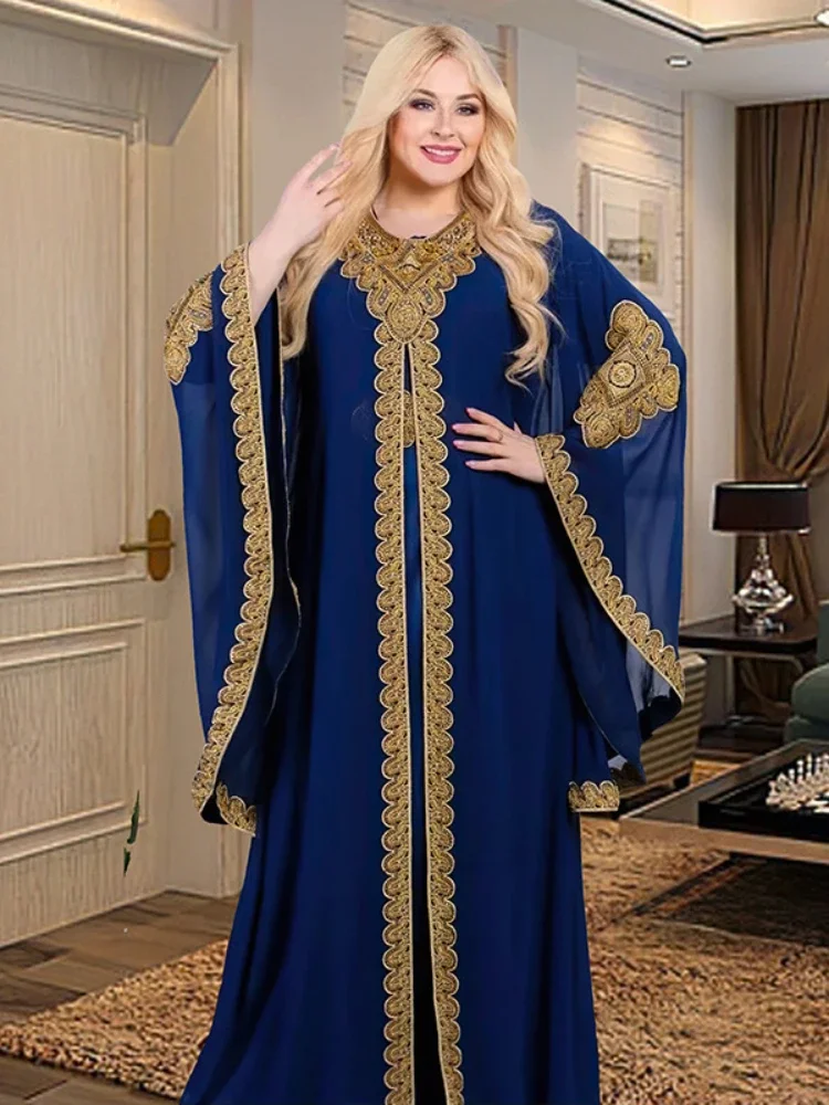 Abaya-Robes de soirée pour femmes, caftan musulman, manches évasées, robe brodée en dentelle dorée, trempée Jalabiya, Ramadan, ensemble de 2 pièces