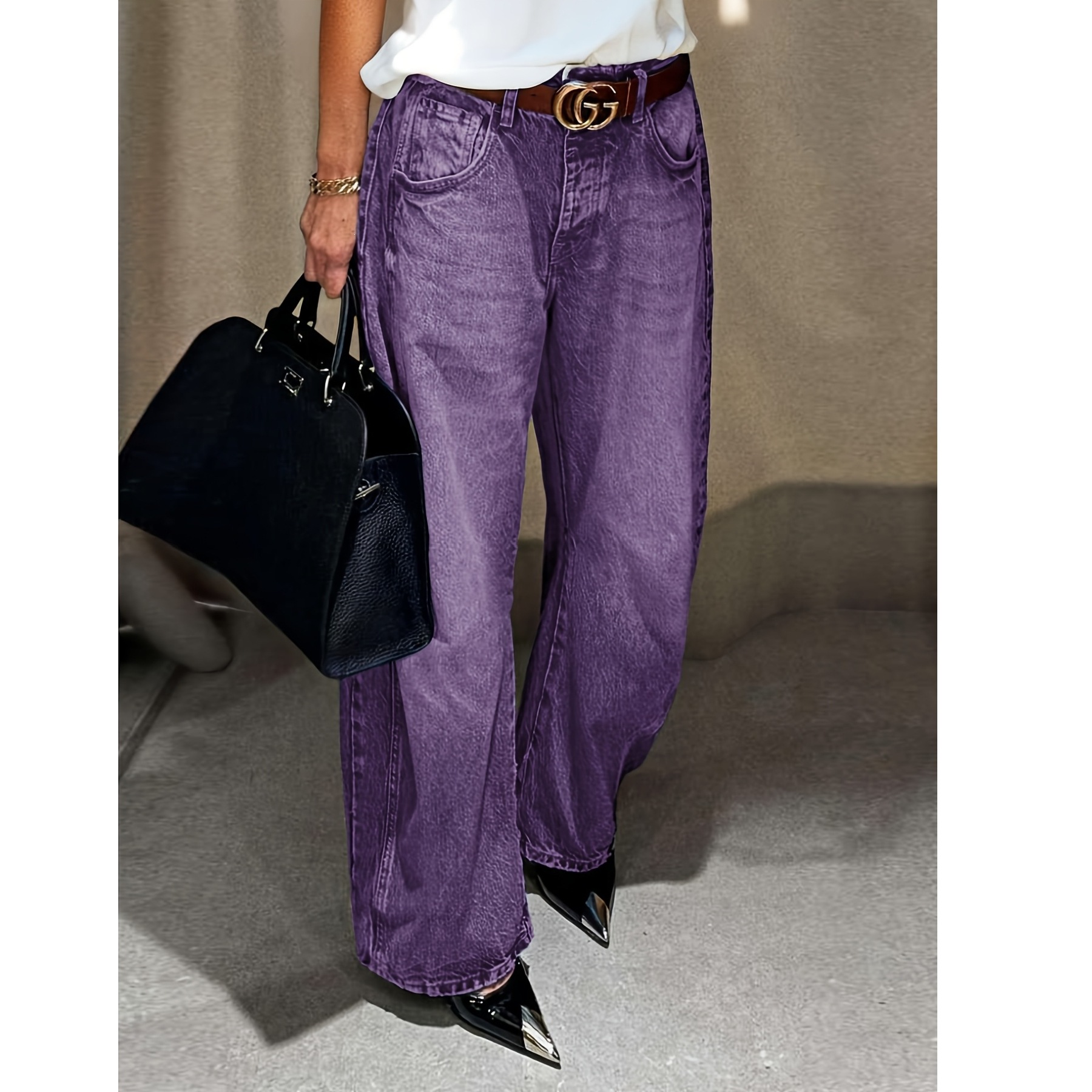 Jean en denim délavé coupe ample et large pour femme, taille simple et assortible, sans ceinture incluse, pantalon long