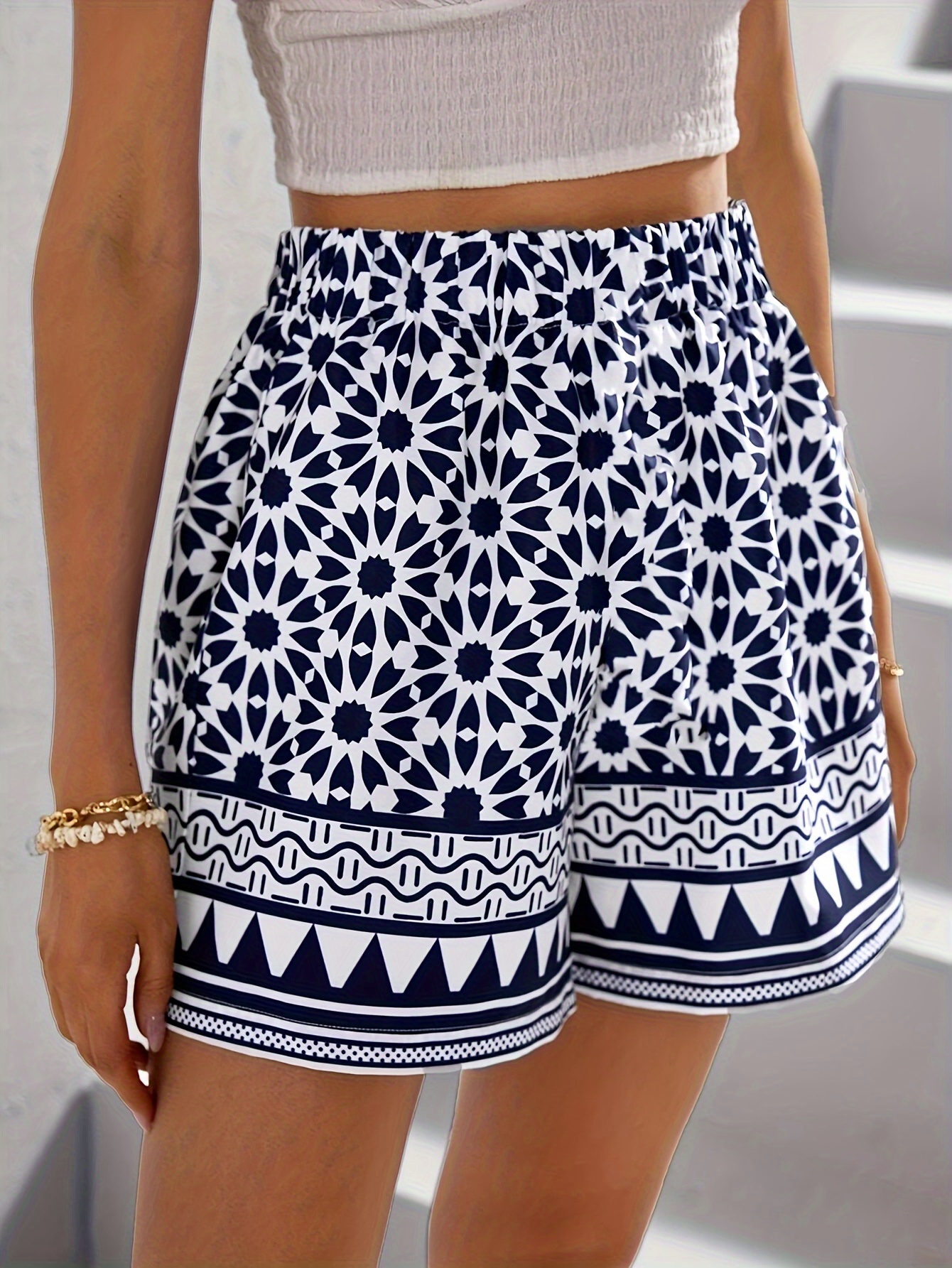 Short à imprimé géométrique pour femme, grande taille, taille haute, élastique, confortable, décontracté, été