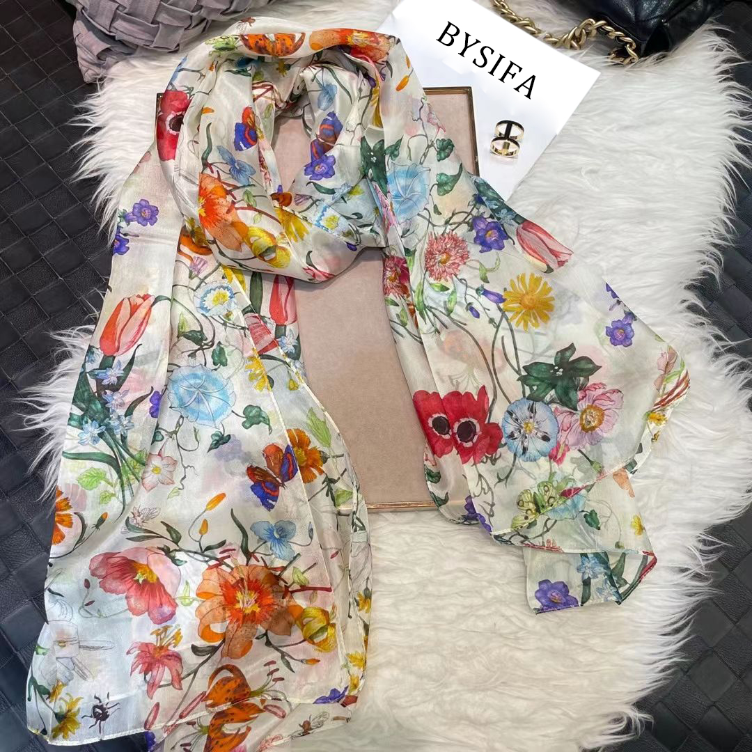 Écharpe en soie 100% blanche pour femmes, foulards, châles de plage d'été, foulards longs pour le cou, hijabs, motif floral, collection automne-hiver