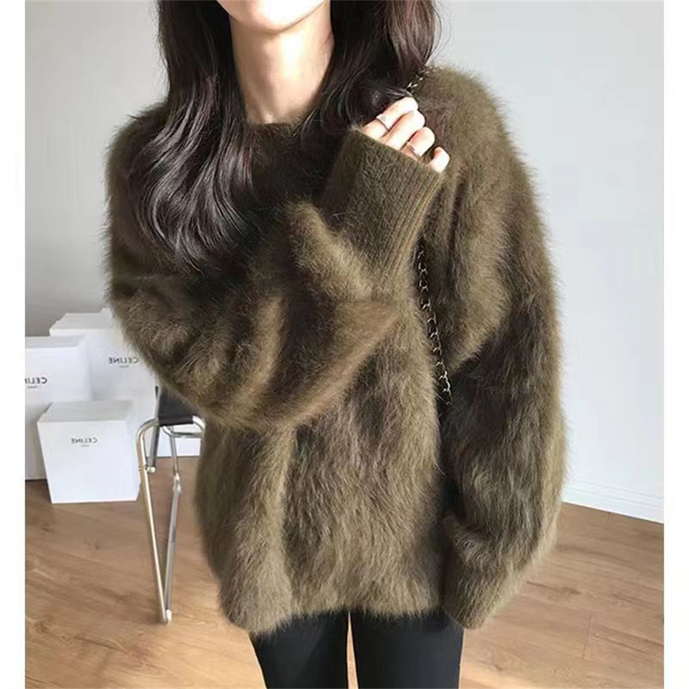 Pull à Col Rond en Velours de Vison pour Femme, Vêtement de Couleur Unie, Nouvelle Collection Automne-Hiver 2025