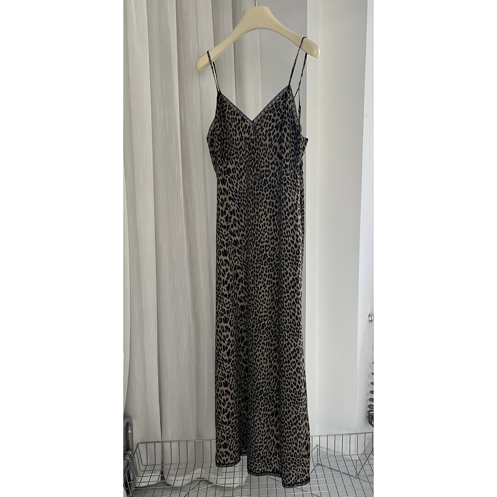 Rowan 22T456 léopard imprimé graphique dos broderie femmes robe été col en v sans manches dame jupe longue décontracté robe classique