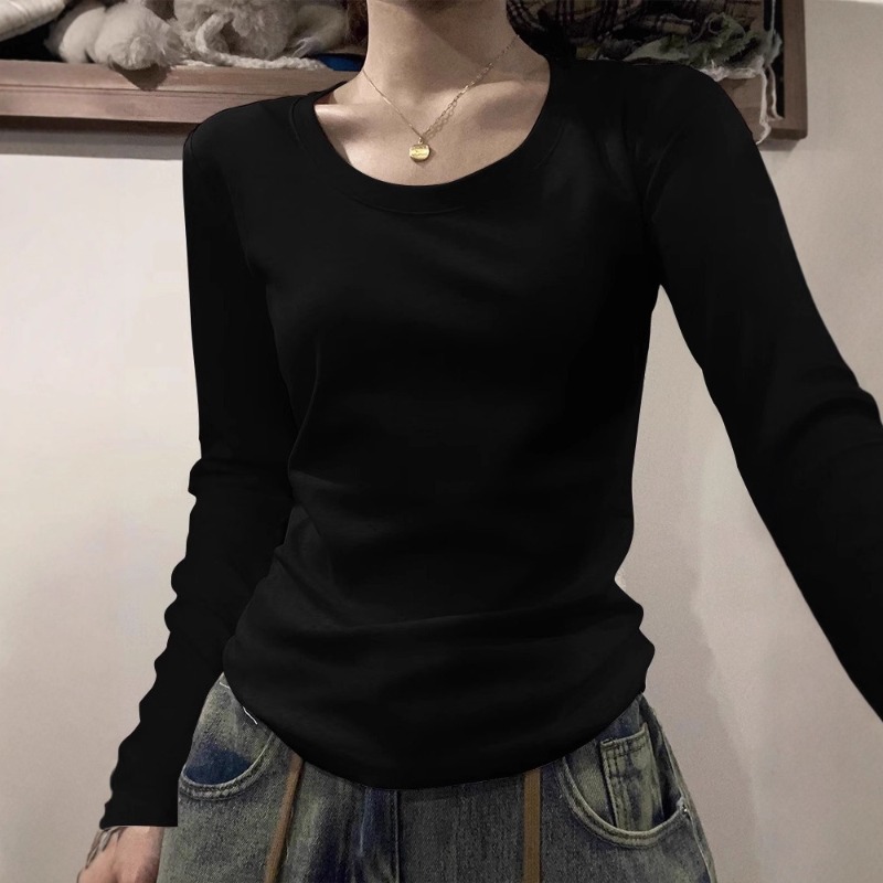 Vêtements pour femmes, tenue d'automne, t-shirt à col rond, manches longues, couleur unie, design tendance pour étudiantes, haut ajusté pour femme.
