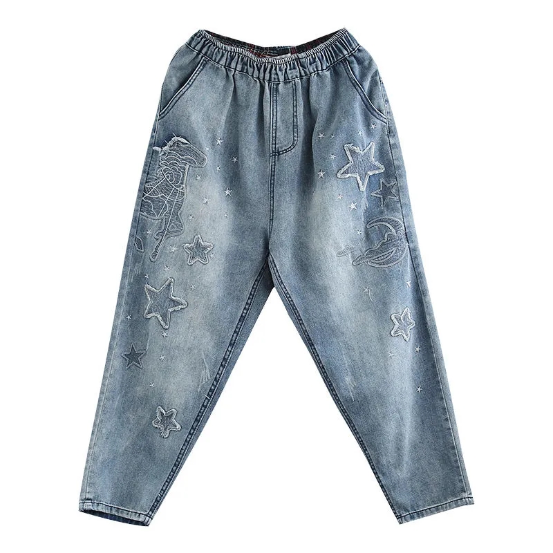 Pantalon Harem en Jean Brodé Femme Printemps Automne 2026 Délavé Coupe Ample Taille Élastique Rétro Décontracté Jean Neuf Poches Femme