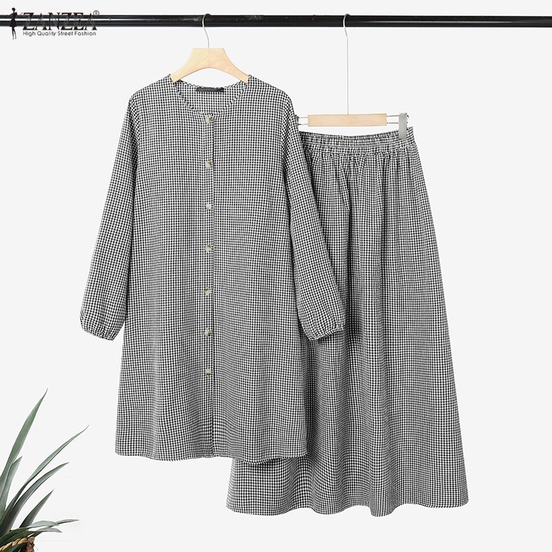 2026 ZANZEA Ensemble de survêtement musulman pour femme, 2 pièces, comprenant une robe chemise longue à manches longues et une jupe kaftan, tenue oversize à carreaux