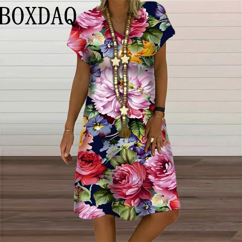 Robe à motif papillon 3D pour femmes, vêtements pour femmes, mode respirante, manches courtes, imprimé fleuri, robes décontractées à col en V, été, 2024