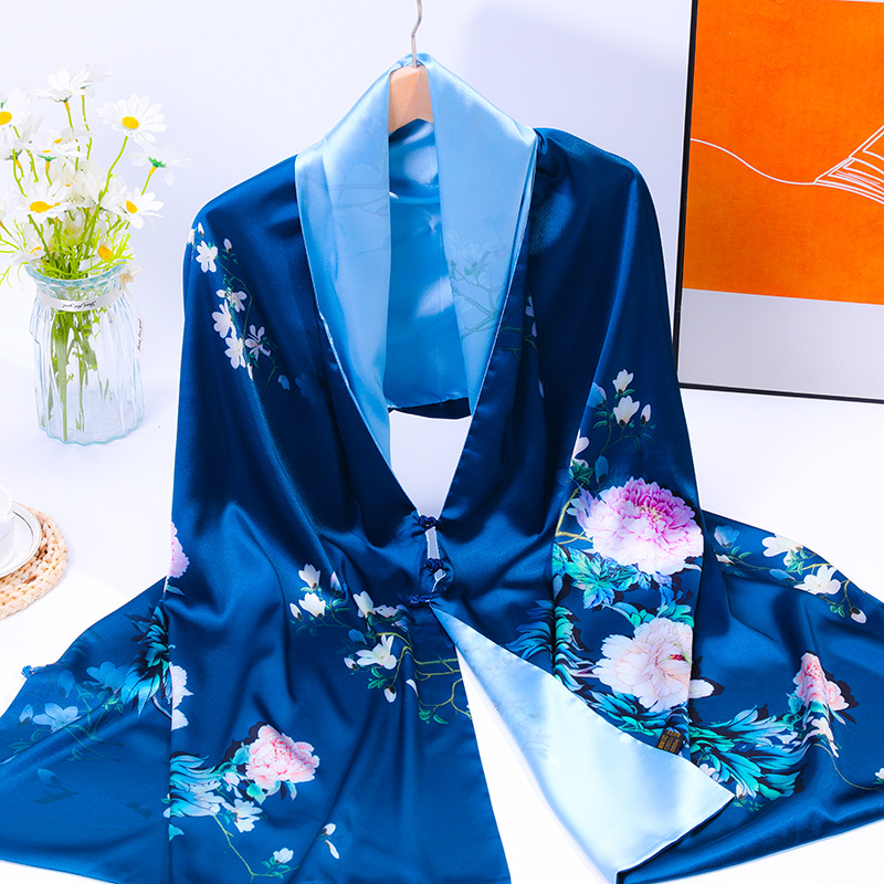Écharpe en soie double couche de style chinois avec imprimé en relief, cadeau festif, motif floral double face, détails boutonnés, chaleur hivernale