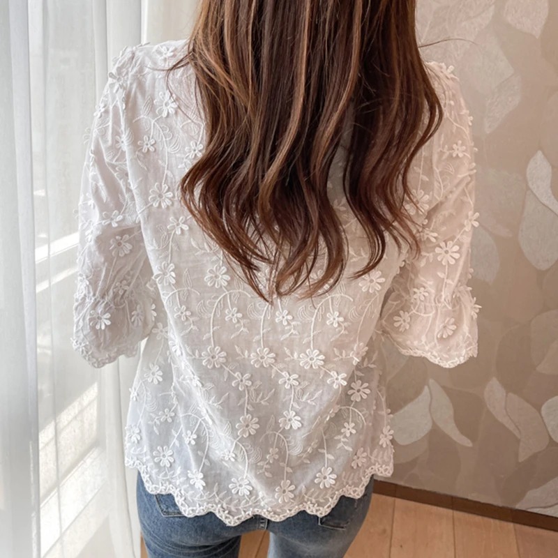 Chemisier en dentelle à manches courtes en coton pour femmes, hauts d'été, broderie florale, chemise blanche, chemisiers décontractés à la mode, 9638