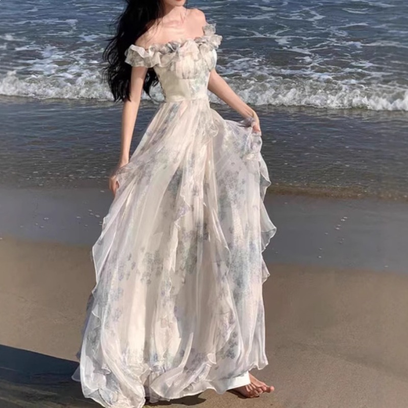 Robes d'été à volants pour femmes, style coréen, robe longue à bretelles pour vacances à la plage, nouvelle collection féerique 2026