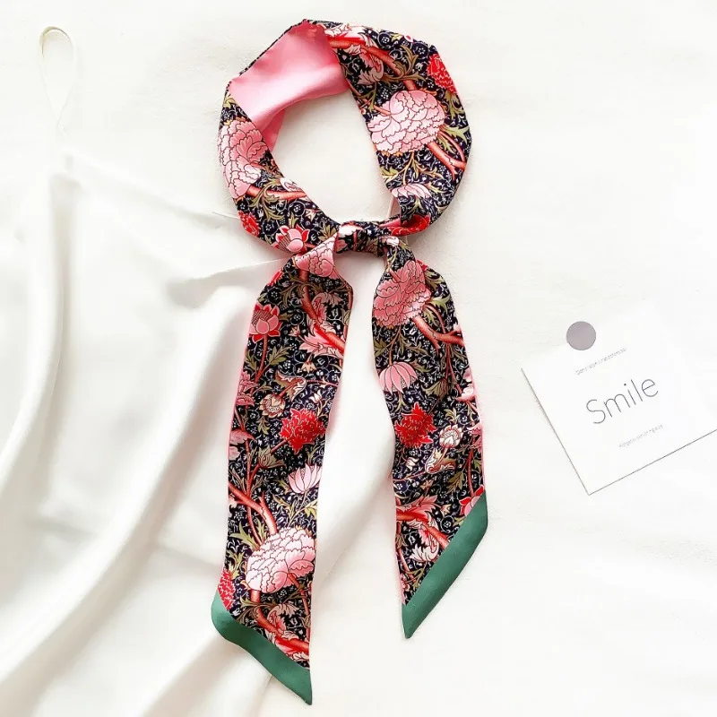 Longue écharpe en soie de luxe pour femmes, imprimé de fleurs, fine et étroite, sac, bandeau pour cheveux, ruban, foulard pour femmes