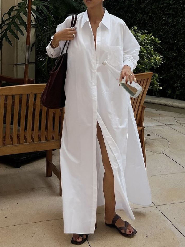 Krisstargirls blanc Maxi robes pour femmes 2025 printemps été vêtements fendu côté femme Simple décontracté boutonné longue chemise robe