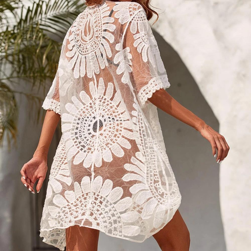 Fleur dentelle couvertures maillots de bain blanc Cardigan plage couvertures pour maillots de bain femmes sorties de bain tenues solide tricoté porter couverture