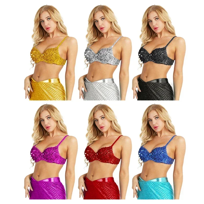 Femmes mode paillettes scintillantes perles rembourré soutien-gorge haut pour Raves danses tenue de club danse du ventre Costume haut de fête soutien-gorge