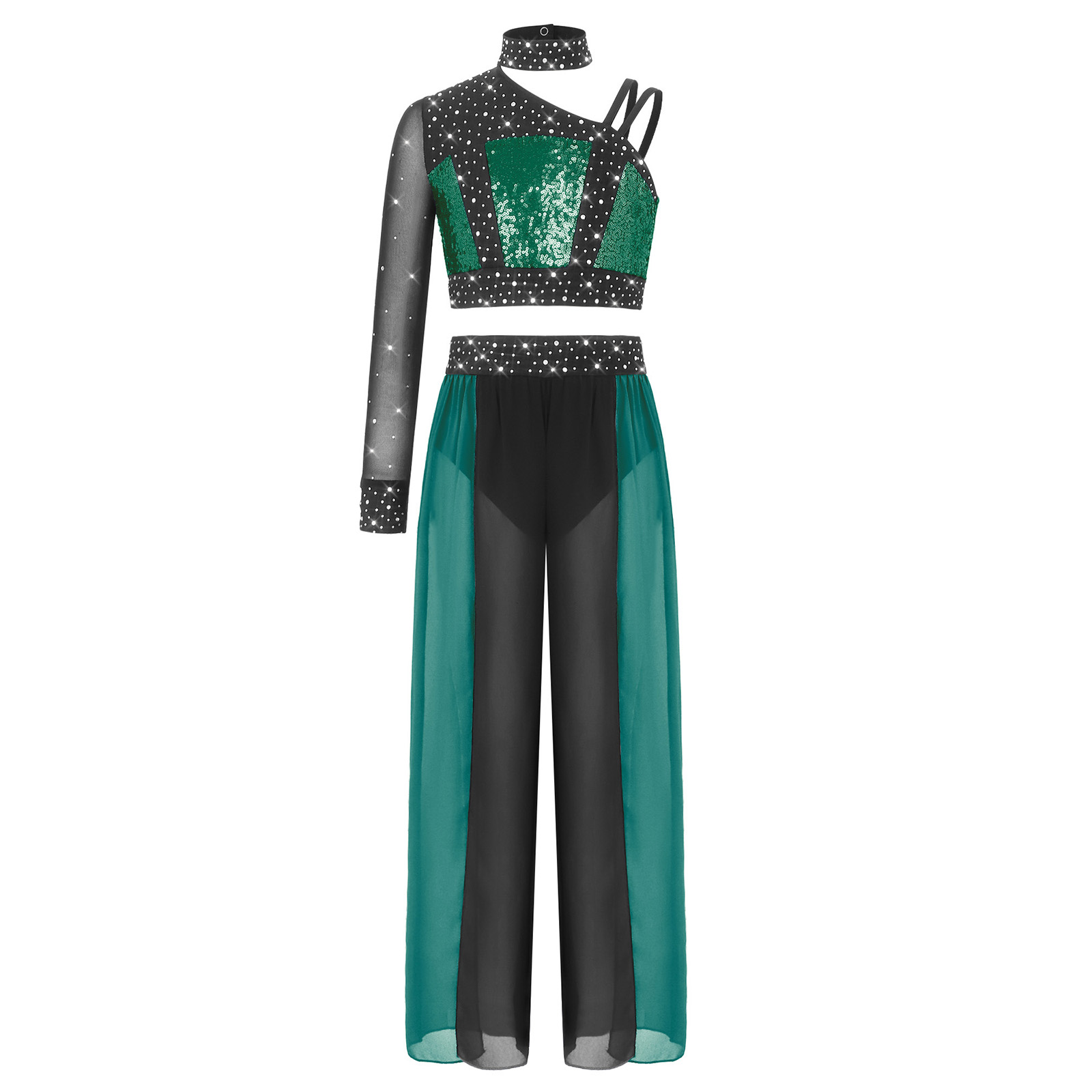Tenue de danse lyrique moderne pour filles, haut court brillant avec pantalon en mousseline fendu, costume de patinage artistique, gymnastique et acrobaties