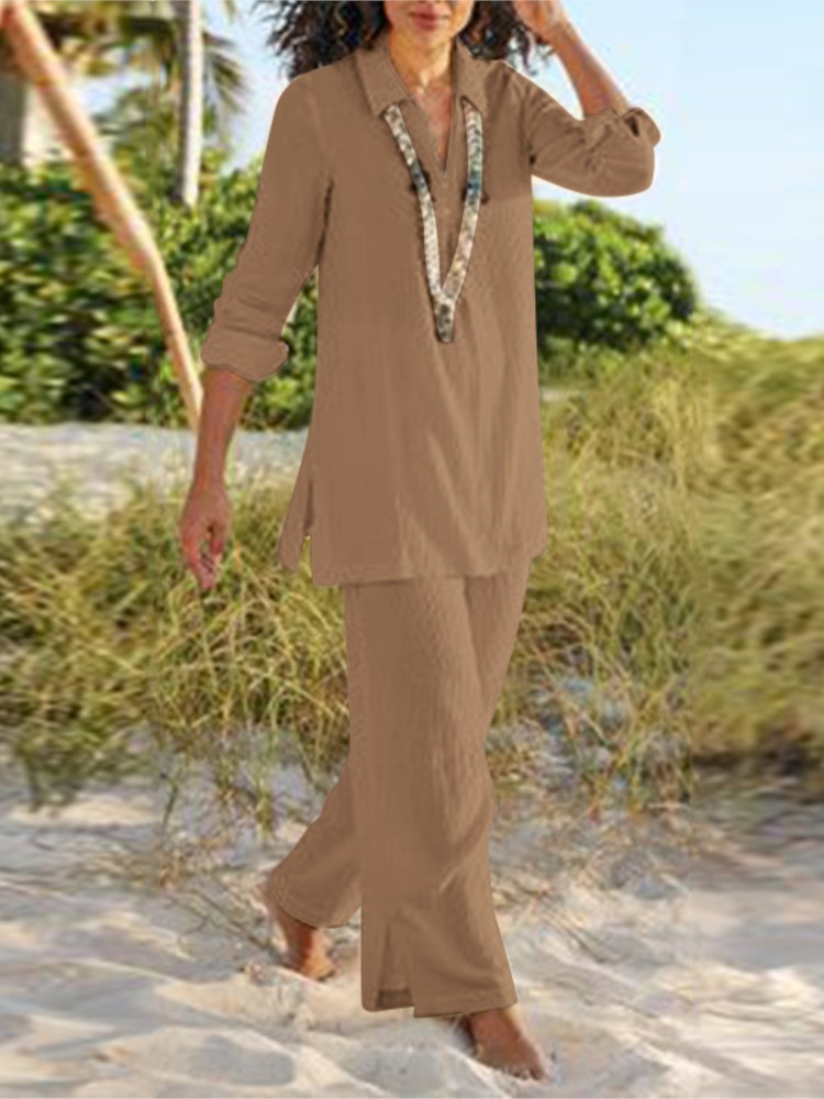 Décontracté coton Blouse deux pièces ensemble femmes été à manches longues hauts pantalons ensembles mode solide pantalon droit costumes femmes tenues