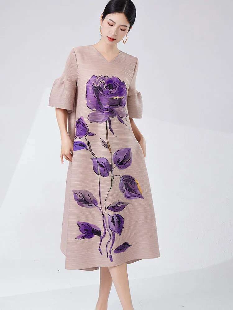 LANMREM-Robe plissée à col en V et manches lanterne pour femme, vêtement élégant de styliste avec impression florale, nouvelle collection été 2024, 2DA7893
