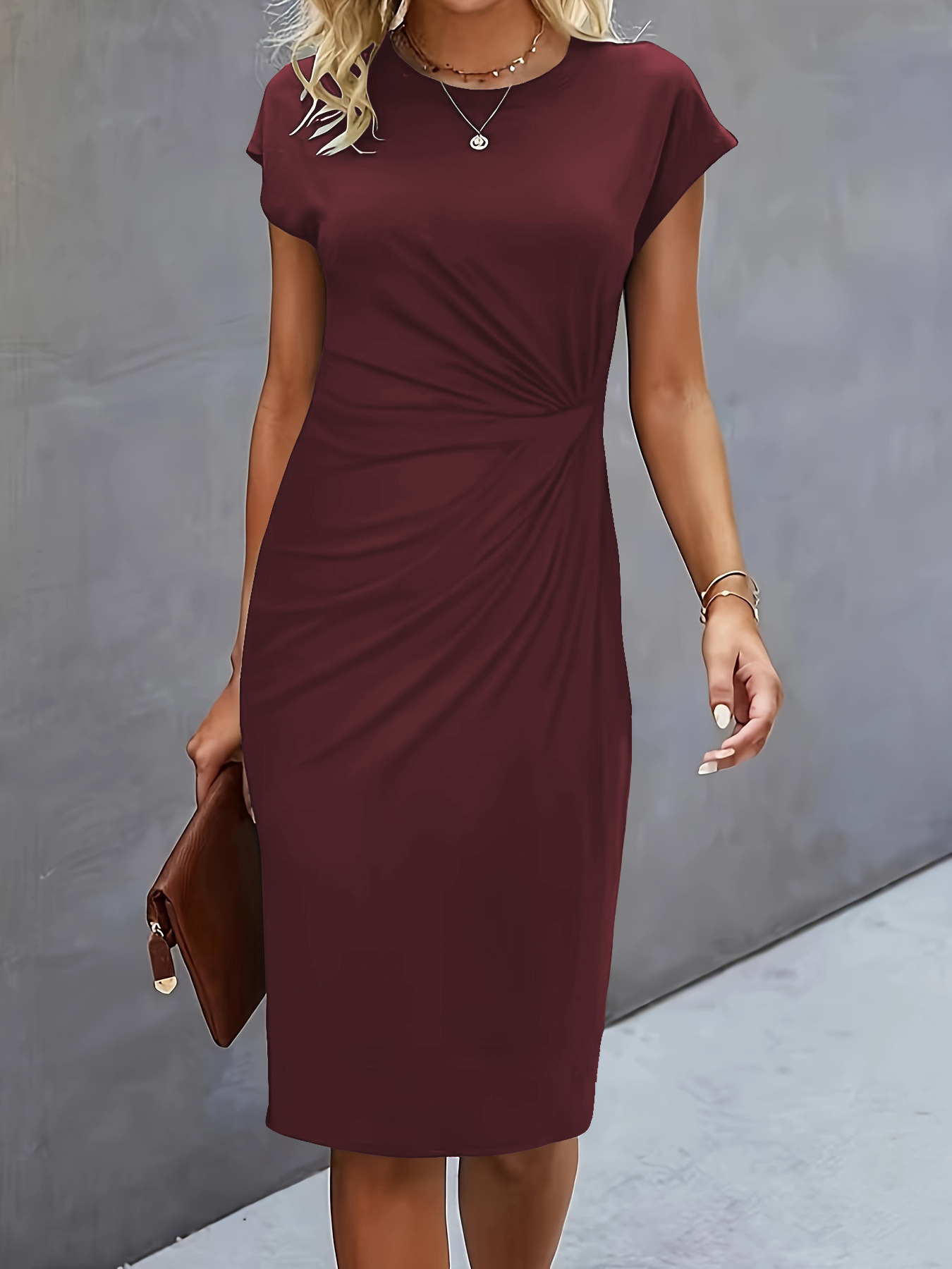 Robe moulante décontractée à col rond pour femmes, robe mi-longue, nœud avant, mode basique, tenue quotidienne